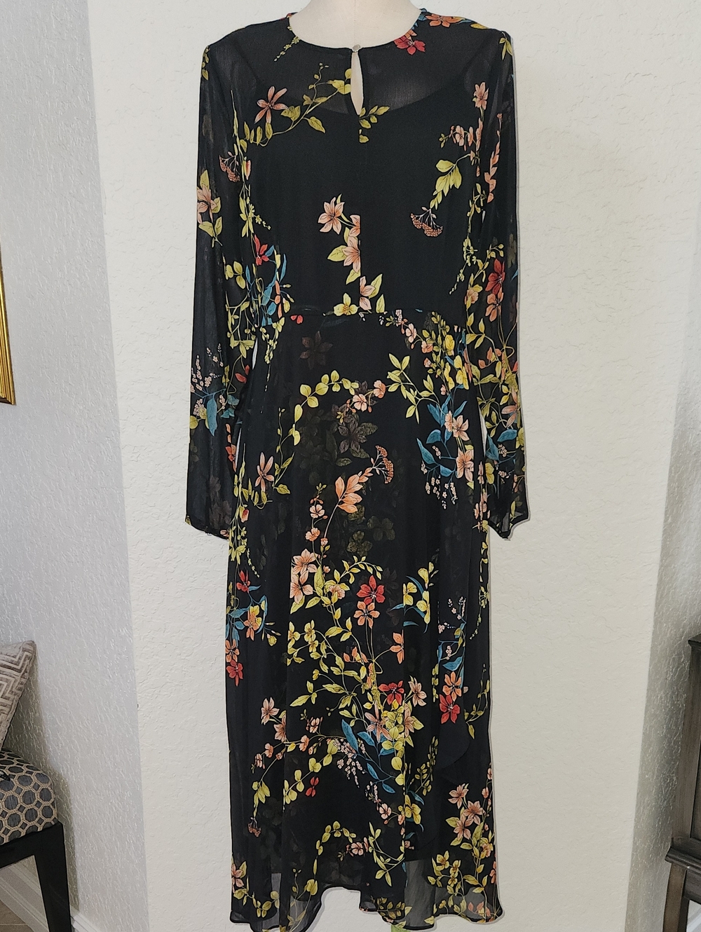 Tommy Hilfiger Black Floral Long-Sleeve Midi Dress